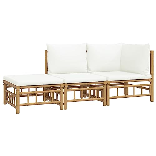 vidaXL Garten Lounge Set 3-TLG., Gartenmöbel Set mit Cremeweißen Kissen, Sitzgruppe für Garten Terrasse, Modular Sofa Garnitur Loungemöbel, Bambus