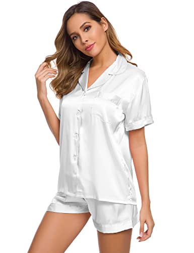 Image of SWOMOG Womens Silk Satin Pajamas Set Short Sleeve Sleepwear Button Down Top and Shorts Loungewear 2 Piece Pjs Set XS-3XL