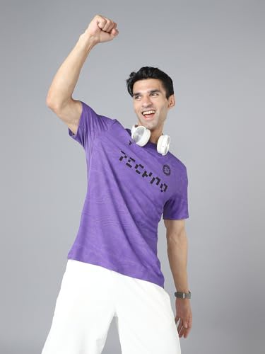 Image of TECHNOSPORT Men Cricket Fan T-Shirt IPL Printed Casual Sportswear Tee Typography Print Slim Fit Round Neck Short Sleeve Polyester Sports Tshirt for MenIPL MensJersey