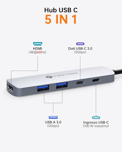 NOVOO USB C HDMI Hub, Adattatore USB C 5 in 1 con HDMI 4K@60 Hz, Dati Type-C 5 Gbps, PD 100W, 2 USB-A 3.0, Compatibile per MacBook M3/Surface/XPS/Chromebook/iPhone 16/Steam Deck - Immagine 1