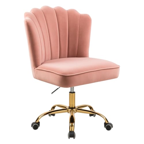 WOEOA Chaise de Bureau en Velours, Chaise Coiffeuse Coquillage, Pivotante à 360°, Hauteur Réglable, Pour Salon, Chambre à Coucher, Étude de Vanité, Charge Maximale 135 kg, Pour Filles et Femmes - Rose