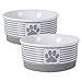 DII Bone Dry Paw Patch & Stripes Ceramic Pet Bowl for Food & Water with Non-Skid Silicone Rim for Dogs and Cats (Small - 4.25" Dia x 2"H) Gray - Set of 2