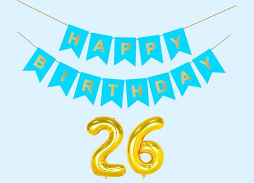 Image of Mystic Toy Store 26th Sky Blue Happy Birthday Decoration Kit for 26 year Old Boys Girls Women with Number Twenty-six Party Decorations Decor Celebration Items Item Set Combo Reusable Paper Banner
