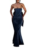 camftbo Women’s Prom Dress Satin Bow Back Jacquard Floral Satin Corset Navy Blue Mermaid Bodycon Strapless Formal Evening Dress US2