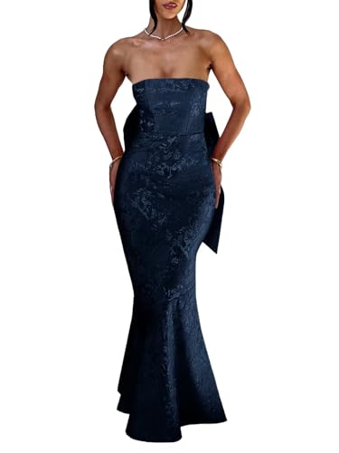 camftbo Women’s Prom Dress Satin Bow Back Jacquard Floral Satin Corset Navy Blue Mermaid Bodycon Strapless Formal Evening Dress US2