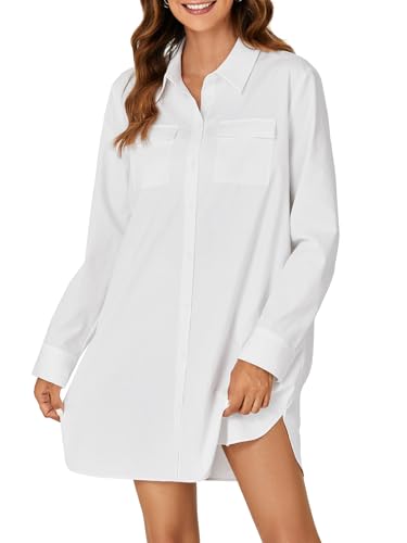 LYANER Women's Button Down Shirt Dresses Collared V Neck Long Sleeve Slit Mini Dress3