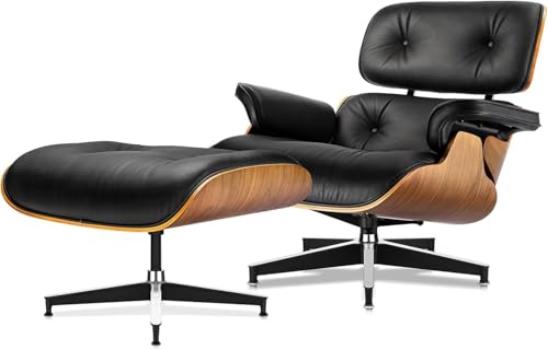 BRMFIKOU Top Black Grain Leather Mid Century Chaise Lounge Chair and Ottoman Leather Accent Chair Modern Chair Classic Design Heavy Duty Base Support for Living Room Lounge Office