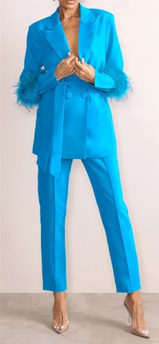 Womens Sexy 2 Pieces Feather Belted Blazer Jackets Bodycon Pants Party Clubwear Tracksuit Outfits Suit Set2