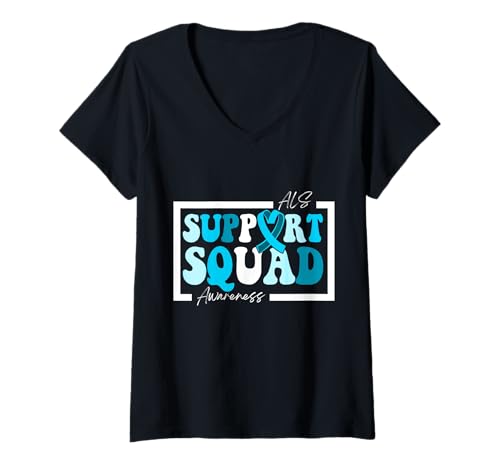 Mujer Equipo de apoyo: ALS Awareness Groovy Blue Ribbon Squad Camiseta Cuello V