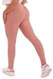ShoSho Womens TikTok Legging Butt Scrunch Diamond Textured Booty Lift Yoga Pants with Pockets Solid Rose Small