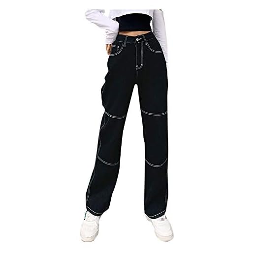 Cocila Damen Punk Schwarze Baggy Jeans, High Waist Cargo Hosen, Retro Gothic Straight Leg Lange Jeans Freizeithosen Breites Bein Hose