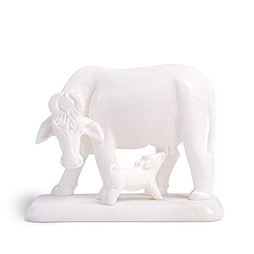 Image of HANDICRAFT BAZAAR Marble Cow and Calf | Gaay and Bachda for Home Vastu (3 Inches), White