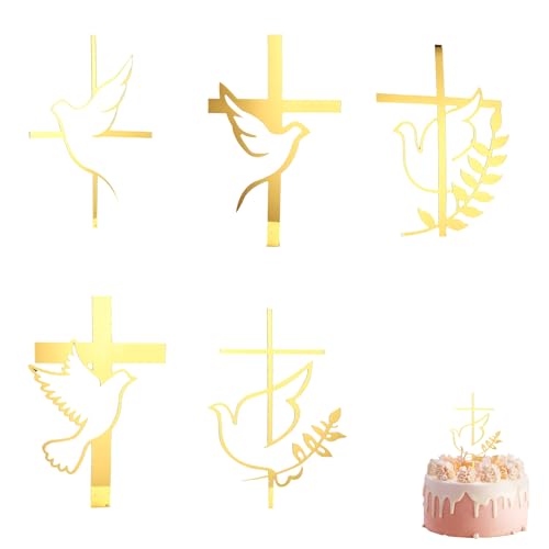 5 Figurines gâteau baptême croix or, décoration première communion