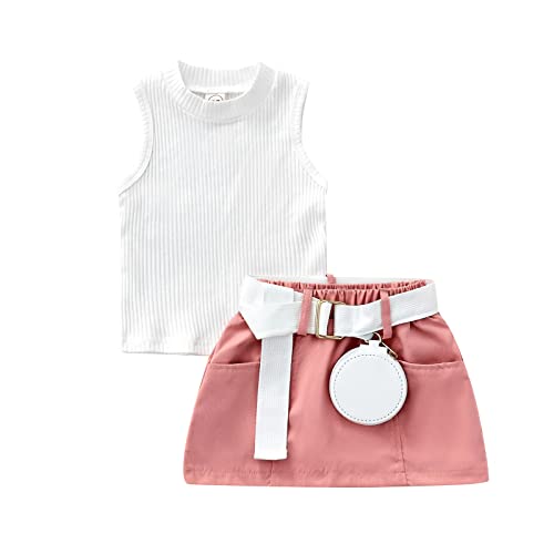 3PCS Infant Baby Girls Sleeveless Vest Rib Knit Shirt Tops + Side Pockets Skirts + Belt Bag Outfit Sets
