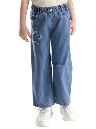 Aislor Kids Girls Jeans Star Patch Ripped Wide Leg Baggy Denim Trousers Elastic Waist Straight Washed Jeans Pants