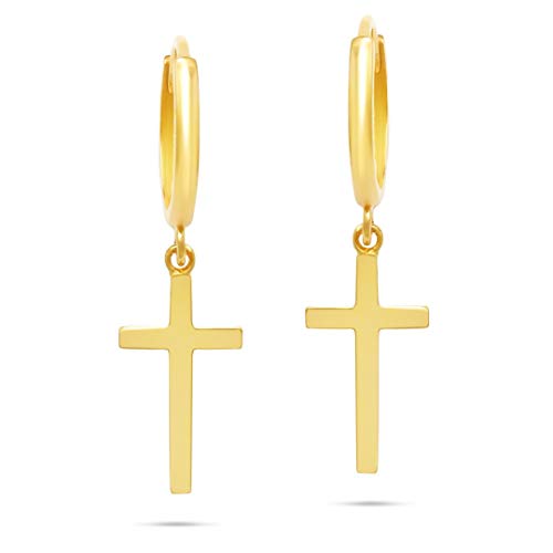 10k Yellow or White Gold Small Huggie Hoop Earrings for Women and Men with Dangle Cross and Hidden Notched Post by MAX + STONE