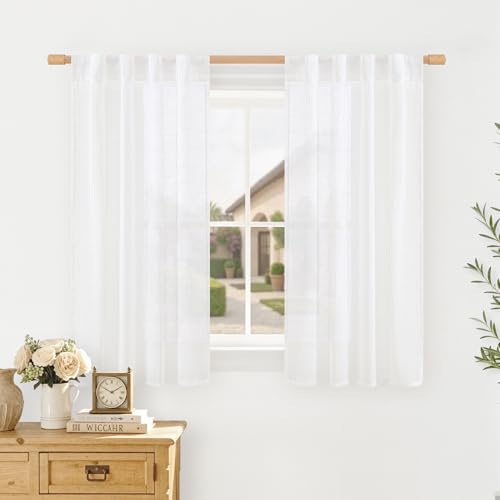 LAMIT White Semi Sheer Linen Curtains for Bedroom 2 Panels, 45 Inch Length Light Filtering Small Window Drapes Back Tab and Rod Pocket Panels for Kitchen/Bathroom/Basement, 34 x 45 Inch