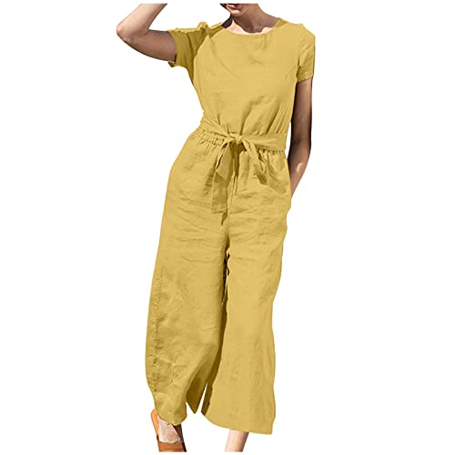 Lightning Deals Of Today Cotton Linen Overalls Women's Loose Casual Off Shoulder Elastic Waist Stretchy Long Romper Jumpsuit #TOP19