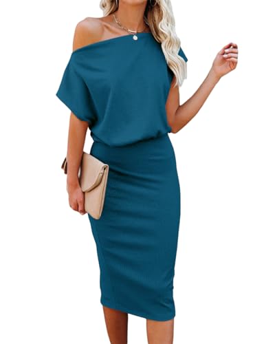 Image of EZBELLE Women's Summer Dress Off The Shoulder Short Sleeve Ribbed Casual Party Bodycon Midi Dresses