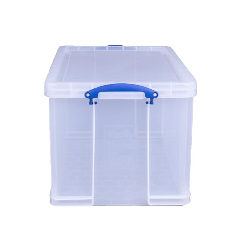 Image of Really Useful Box 84 Liter Plastic Stackable Storage Container with Snap Lid & Built-In Clip Lock Handles for Home or Office Organization, Clear