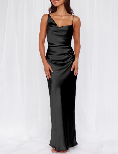Image of Formal Satin Silk Spaghetti Strap Maxi Dresses for Women Wedding Guest