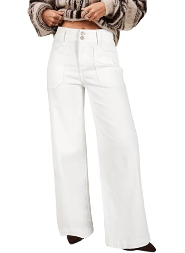 Astylish Women's High Rise Wide Leg Jeans Tummy Control Double Button Denim Pants Relaxed Fit Bottoms White Size 10