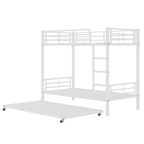 Cama de hierro, litera de 90 x 200 cm, adecuada para niños y adolescentes, con cama nido de 90 x 190 cm, cuatro rejillas laterales en la cama superior, hierro (blanco)