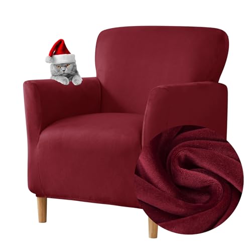 Highdi Stretch Sesselhusse - Elastische Samt Sofaüberzug für Clubsessel Mit Armlehne - Weicher Sesselschoner Sitzbezug Hussen (Rot)