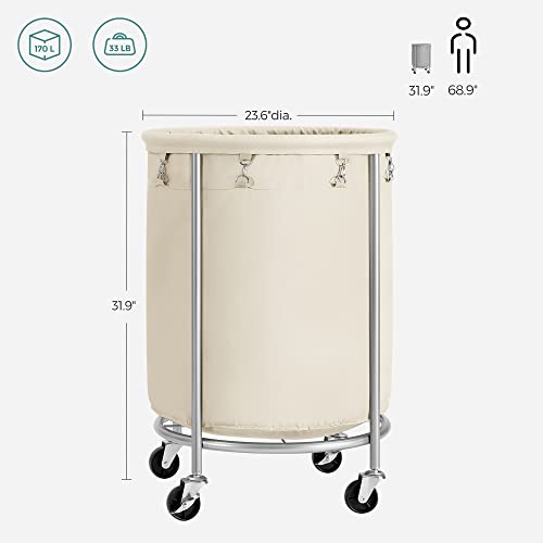 Songmics Laundry Basket With Wheels, Rolling Laundry Hamper, Round Laundry Cart With Steel Frame And Removable Bag, 4 Casters And 2 Brakes, Cream And Silver Urls01Mz #TOP5