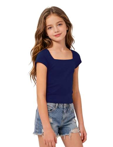 Image of Crop Tops for Girls Short Sleeve Shirt Girls Summer Tops Square Neck Slim Fit Tops Basic Tee