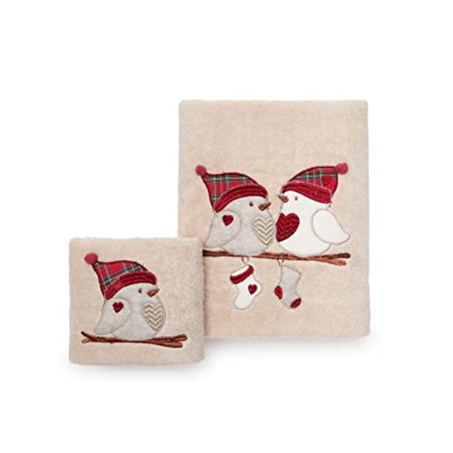 Set de serviettes brodées pour les mains et les hôtes, en éponge douce de pur coton, décoré avec motif romantique d'oiseaux, enrichi par des inserts en tissu doux (beige) Cover