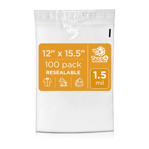 Shop4Mailers 100 Count 12x15.5 Resealable Clear Poly Bags, 1.5 Mil