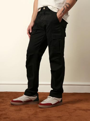 Image of Vogaan Men Solid Relaxed Fit Cotton Blend Cargo Trousers with Utility Pocket
