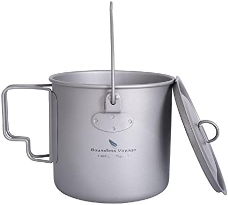 iBasingo 1100ml Camping Titanium Hanging Pot with Lid and Collapsible Handle Outdoor Hiking Picnic Cup Mug Ultralight Portable Water Bottle Ti3041D