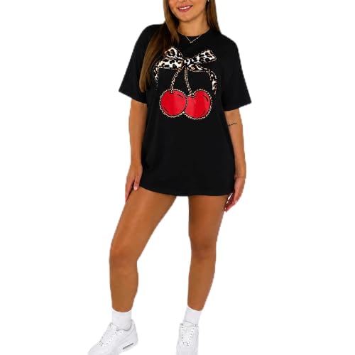 Image of Womens Short Sleeve Cherries Leopard Print Baggy T-Shirt Top Ladies Summer Casual Wear Fashion Tees Top (Bow Cherry Black UK 16-18)