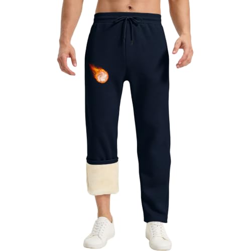 Image of Monstoyo Fleece Lined Joggers Men Thermal Trousers Winter Warm Jogging Tracksuit Bottoms Thick Cotton Sweatpants with Zip Pockets Drawstring Straight Dark Blue XS