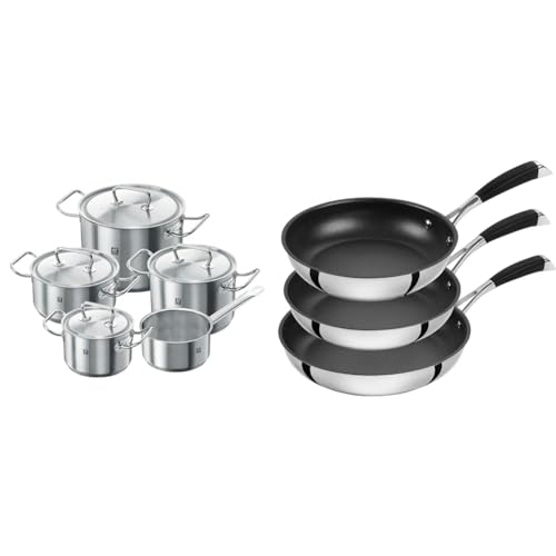 ZWILLING Set de 5 Casseroles, 4 Couvercles, Adapté à la Chaleur à Induction, Argenté 18/10, série Twin & set de 3 poêles avec revêtement antiadhésif 4 couches, Inox 18/10, 20 cm + 24 cm + 28 cm