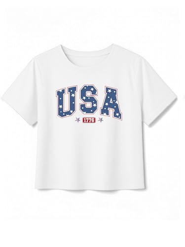 Image of VVNTY Girls American Flag Crop Tops Kids USA Crop Shirt Patriotic 4th of July Tops 5-14 Years