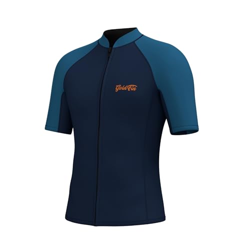 GoldFin Men Wetsuit Top Mens Short Sleeve Wet Suit Neoprene Jacket 2mm Front Zipper Wetsuits Shirt Cold Water Swim Scuba Diving Surfing Snorkeling Navy Medium