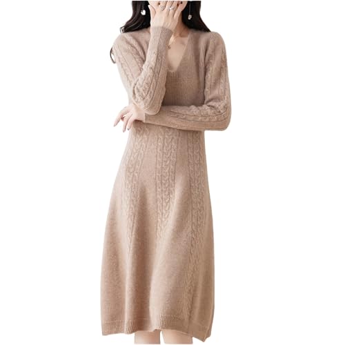 LDXEQIZ Kurz Kaschmir Strickkleid Damen V-Ausschnitt Langarm Dickes Pulloverkleid Herbst Winter Warm Cashmere Sweaters Dress Elegant Wolle...