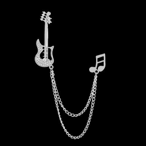 Image of Fashion Guitar Long Chain Lapel Brooch Pin with Music Note Rhinestone Musical Instrument Tassel Pins for Women Girls Men Suit Sweater Coat Jacket Backpack Brooches Pins Musician Party Clothes Accessories Jewelry Gifts