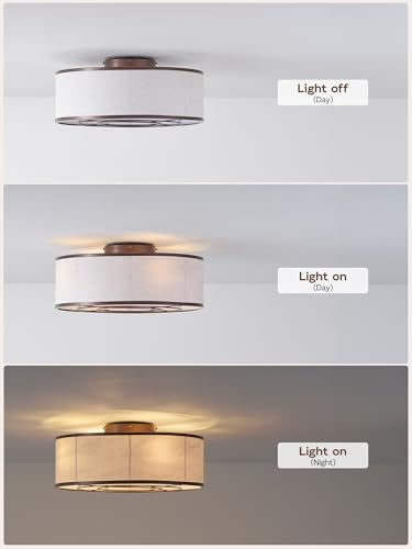 Image of 20 inch Brown Ceiling Fans with Lights, Boho Flush Mount Ceiling Fan with Light and Remote, Drum Fabric with 6 Speeds for Bedroom, Nursery, Living Room