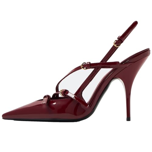 YIYA Cherry Red Slingback Kitten Heel for Women with Buckle Strap Closed Pointed Toe Burgundy Stiletto High Heels Backless Slip On Pumps Sandals2
