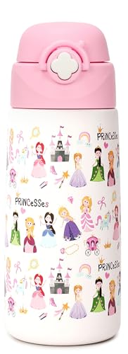 Kids Insulated Water Bottle with Covered Pop-Up Straw,16oz Kids Cups with Stainless Steel Leak Proof for School Boys Girls（2-Princess）