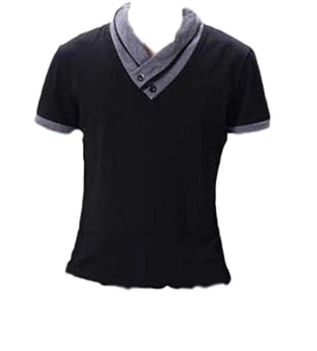 メンズ スタイリッシュ スリム Vネック 半袖 Tシャツ スカーフ風 カットソー トップス カジュアル シャツ大きいサイズ有り 選べる 2色 ブラック L (L, ブラック)