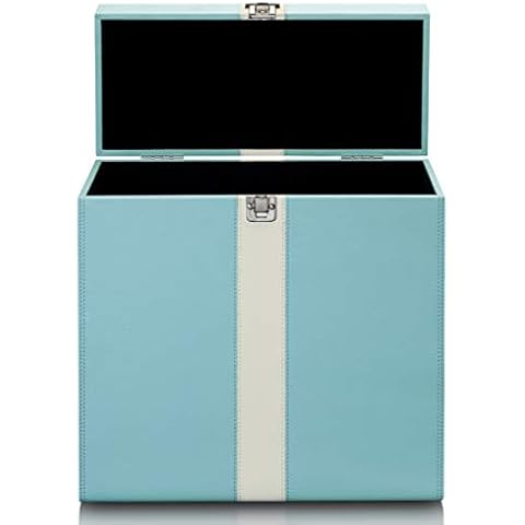 Classic Phono by Lenco TTA-300 Record Case - LP Case for up to 30 Records - Carry Handle and Case Buckle Made of Metal - Protective Velvet Lining - Blue/White Cover