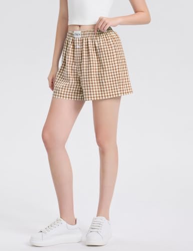 Image of LOMON Womens Boxer Shorts Casual Summer 2026 Pajama Lounge Sleep Pj Gingham Plaid Shorts Y2K Beach Bottoms