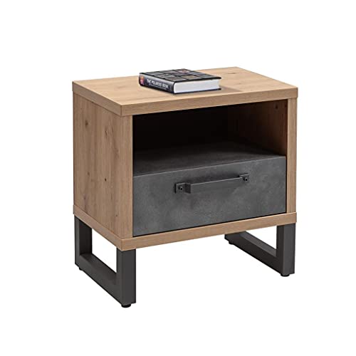 Dmora Comodino stile industrial con 1 cassetto e vano aperto, Tavolino moderno da notte, Portaoggetti, Made in Italy, cm 52x35xh54, colore Rovere e Cemento