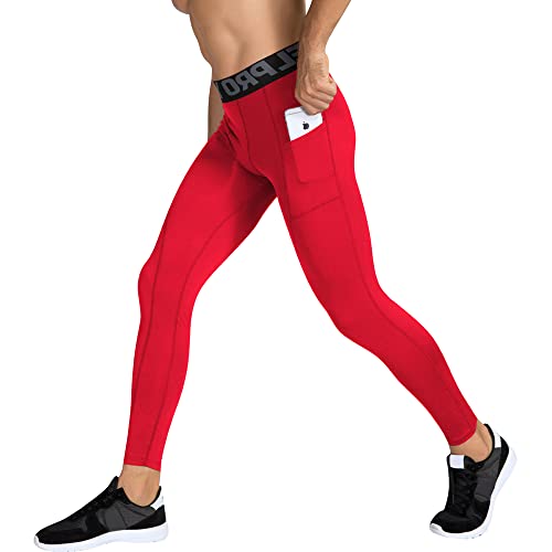 Eargfm Men's Compression Workout Gym Pockets Running Baselayer Pants, Red, Large #TOP1