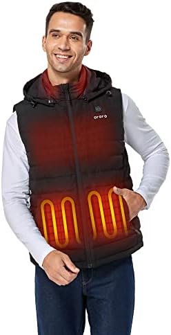ORORO [Upgraded Battery] Men's Heated Vest with 90% Down and Detachable Hood, Lightweight Heated Down Vest with Battery (Black, XL)